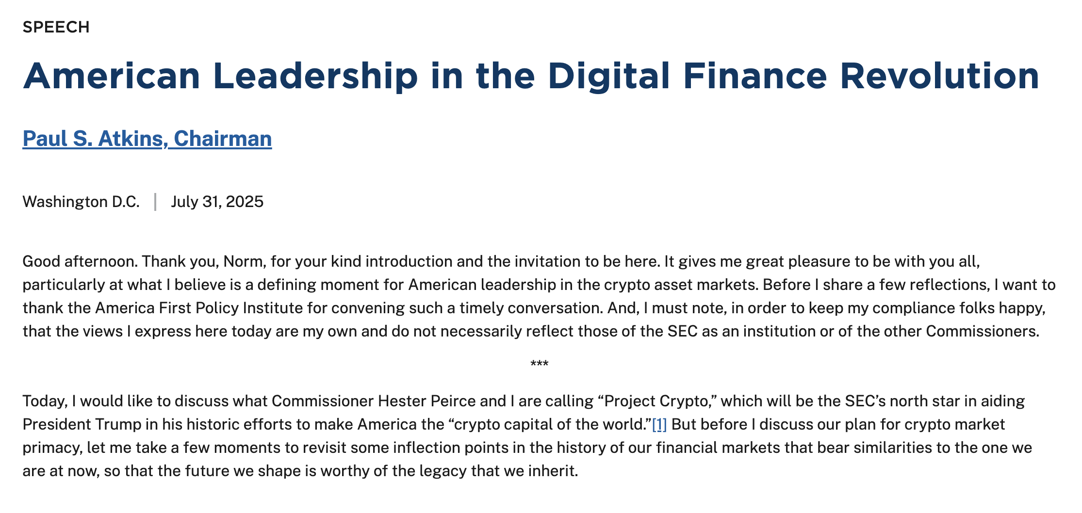 Paul Atkins Project Crypto Speech | Source: US Securities and Exchange Commission